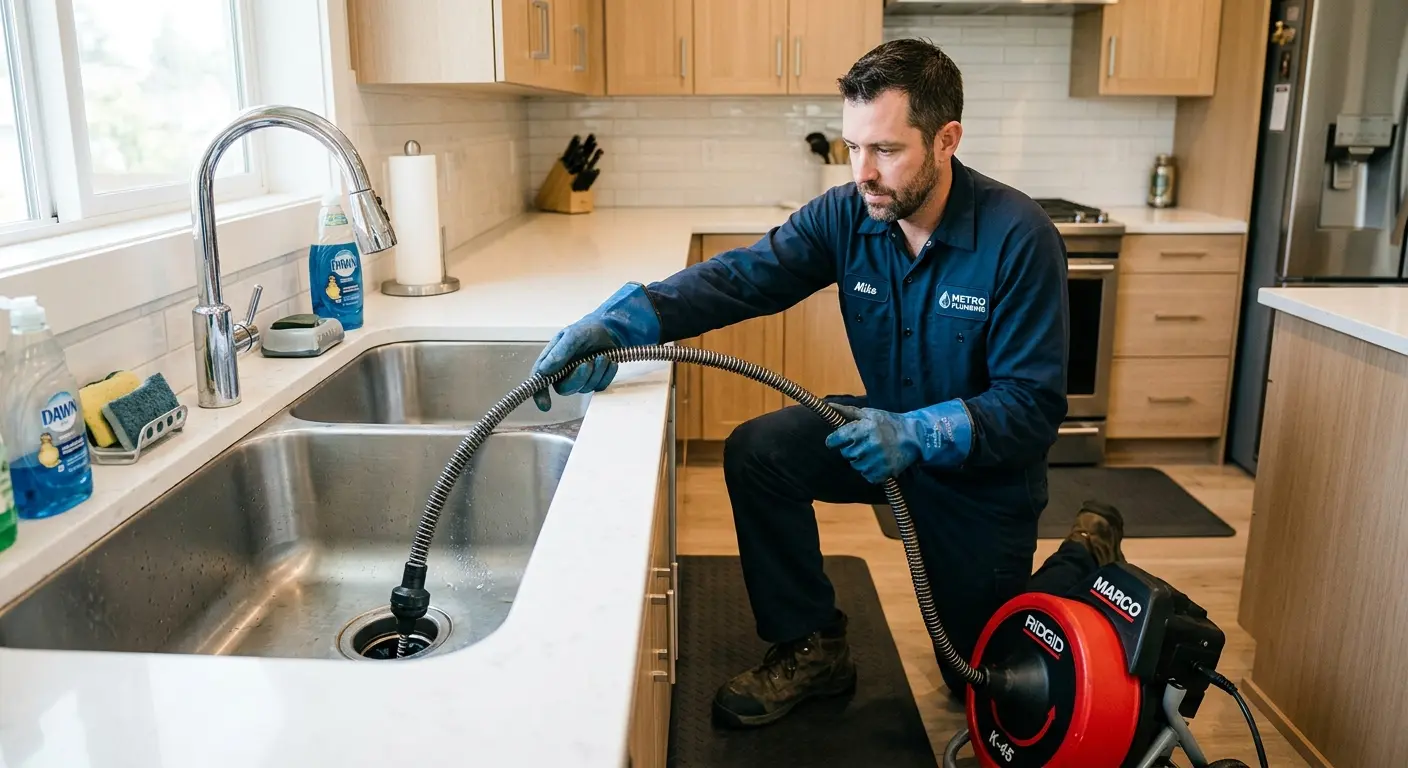 Drain cleaning technician using a motorized snake on a kitchen sink in Nacogdoches