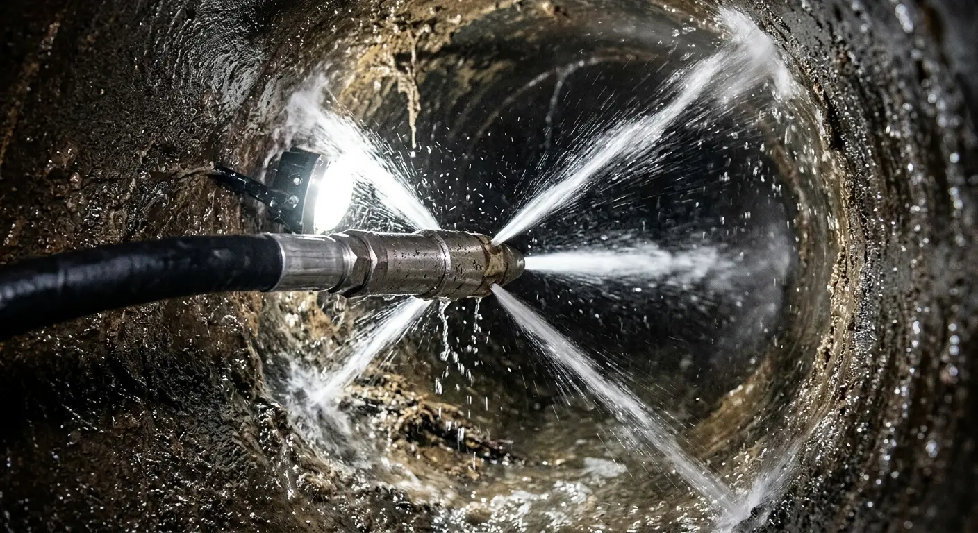 High-pressure hydro jetting nozzle cleaning sewer pipe for Storm Drain Cleaning in Nacogdoches