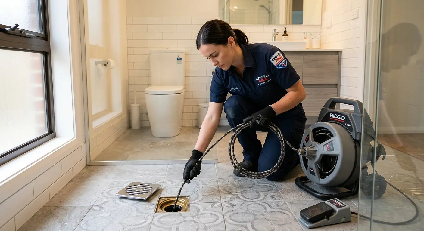 Technician clearing a bathroom floor drain for Drain Cleaning in Nacogdoches